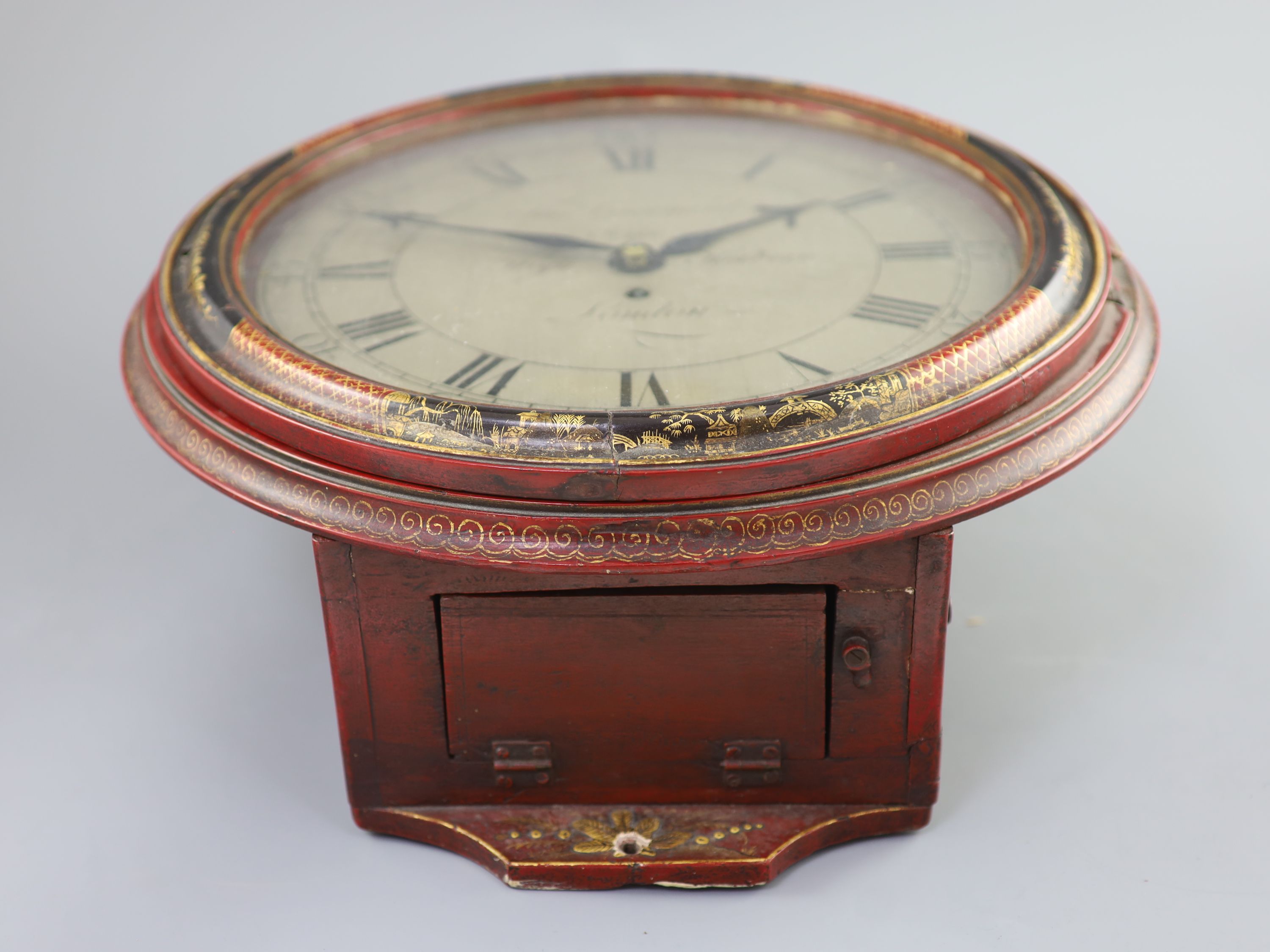 A mid 18th century eight day timepiece by Thomas Grinnard, High Holborn, London, number 180 in a later chinoiserie lacquered mahogany c